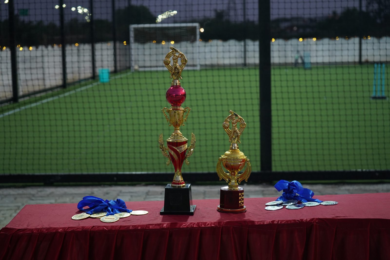 Winner and runner-up trophies with medals